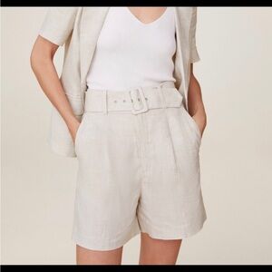 MNG 100% Linen Belted High Waist Midi Shorts